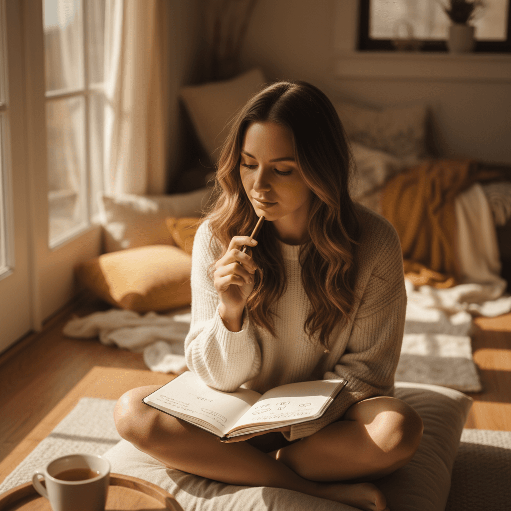 Woman reflecting and journaling during a coaching session