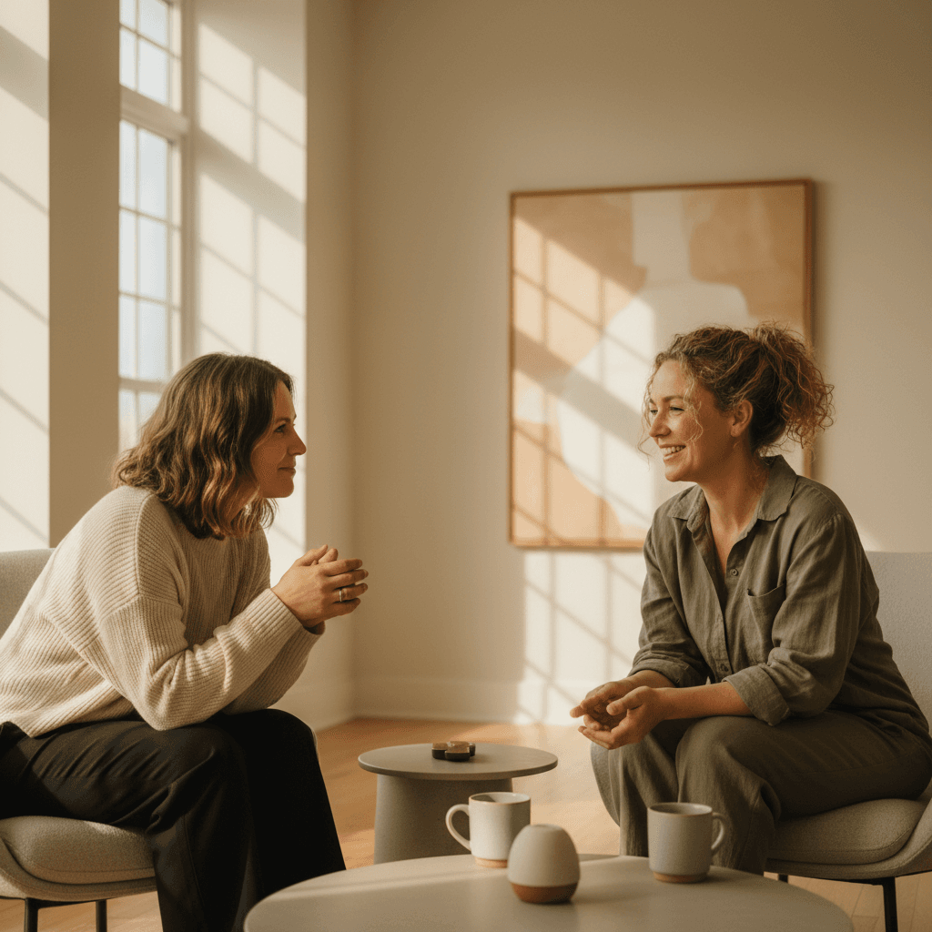 Life coach and client in conversation during a session